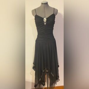 Black Dress with Asymmetrical Hem and Deep V Neck. Size 3/4.